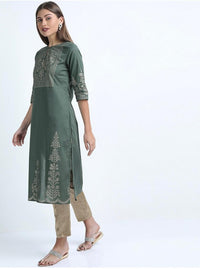 Thumbnail for Maai Rayon Hand Printed Kurta Green - Distacart