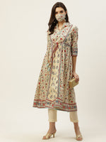 Thumbnail for Juniper Womens Beige Cambric Printed Flared Kurta - Distacart