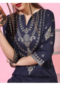 Thumbnail for Maai Rayon Hand Printed Kurta Navy - Distacart