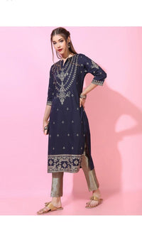 Thumbnail for Maai Rayon Hand Printed Kurta Navy - Distacart