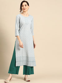 Thumbnail for Sangria Women White & Blue Ethnic Motifs Embroidered Thread Work Kurta - Distacart