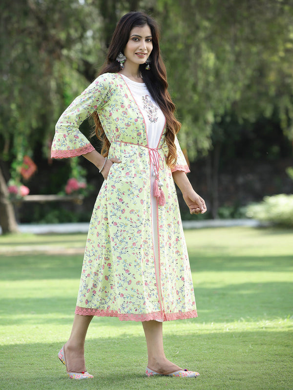 Juniper Women's Limegreen Cambric Embroidered & Printed Jacket Style Kurta - Distacart
