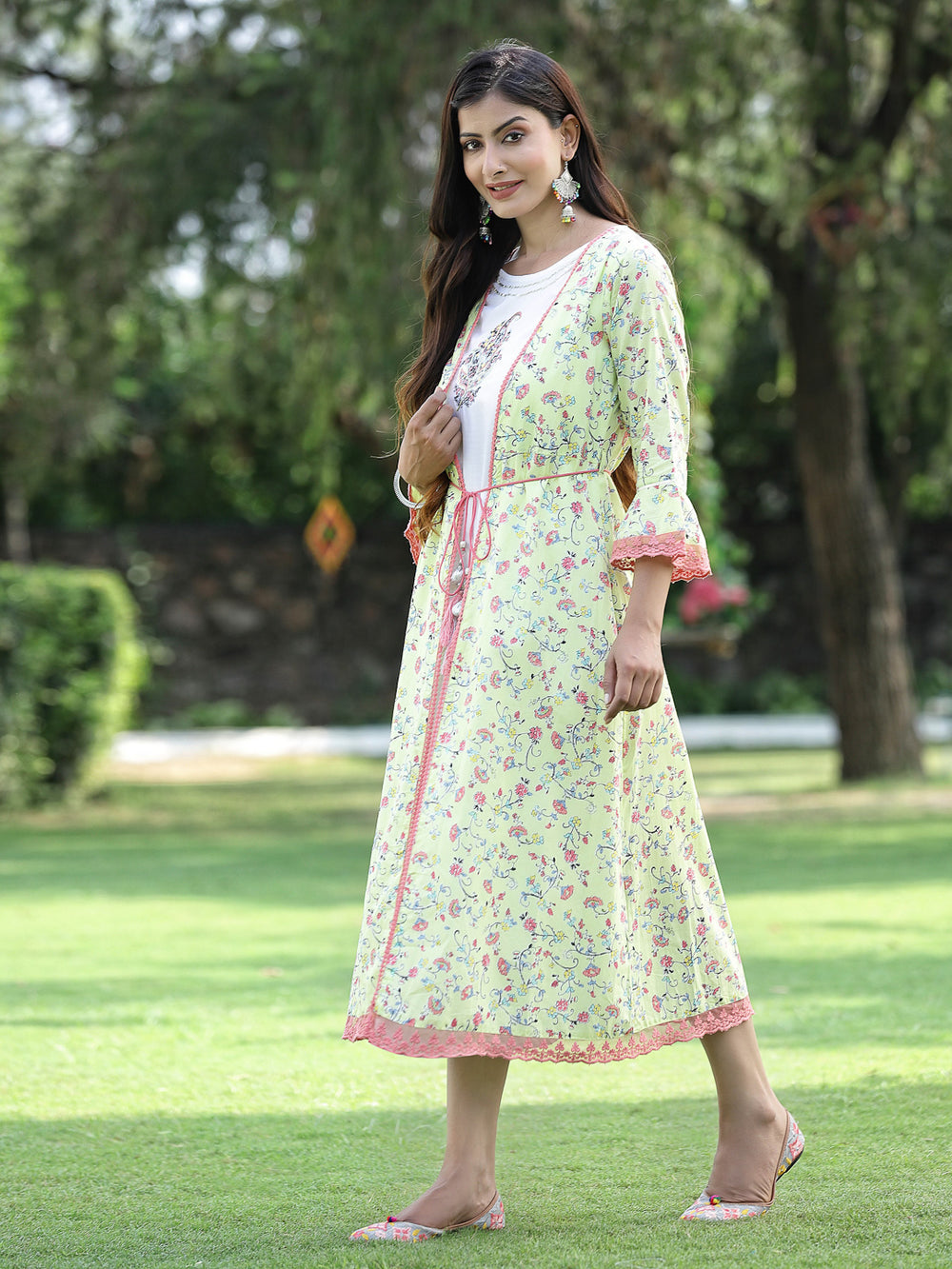Juniper Women's Limegreen Cambric Embroidered & Printed Jacket Style Kurta - Distacart