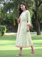 Thumbnail for Juniper Women's Limegreen Cambric Embroidered & Printed Jacket Style Kurta - Distacart