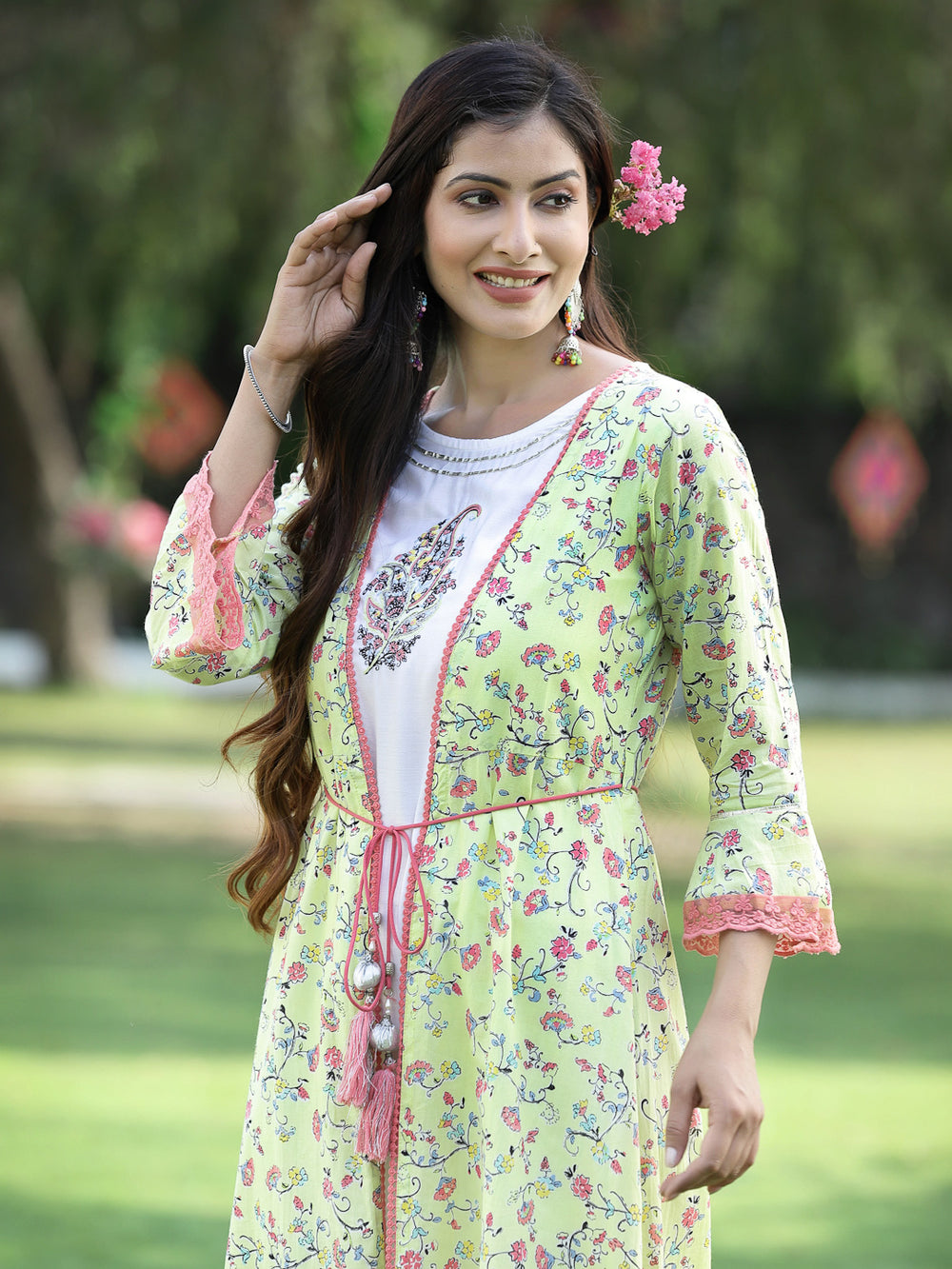 Juniper Women's Limegreen Cambric Embroidered & Printed Jacket Style Kurta - Distacart