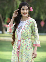 Thumbnail for Juniper Women's Limegreen Cambric Embroidered & Printed Jacket Style Kurta - Distacart