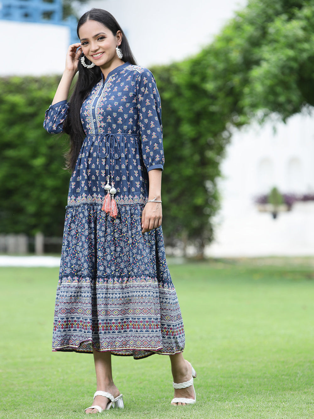 Juniper Women's Indigo Cambric Printed Tiered Dress - Distacart