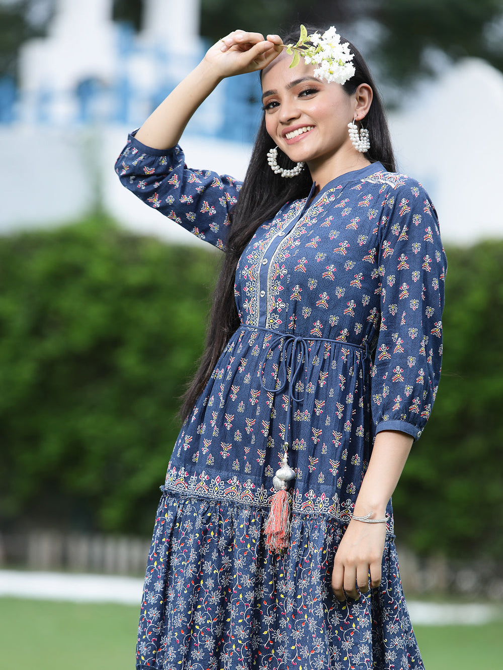 Juniper Women's Indigo Cambric Printed Tiered Dress - Distacart