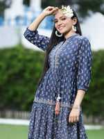 Thumbnail for Juniper Women's Indigo Cambric Printed Tiered Dress - Distacart