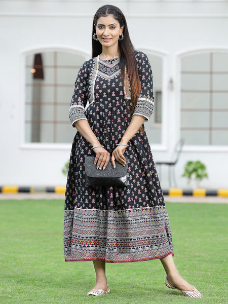 Juniper Women's Black Cambric Printed Anarkali Dress - Distacart
