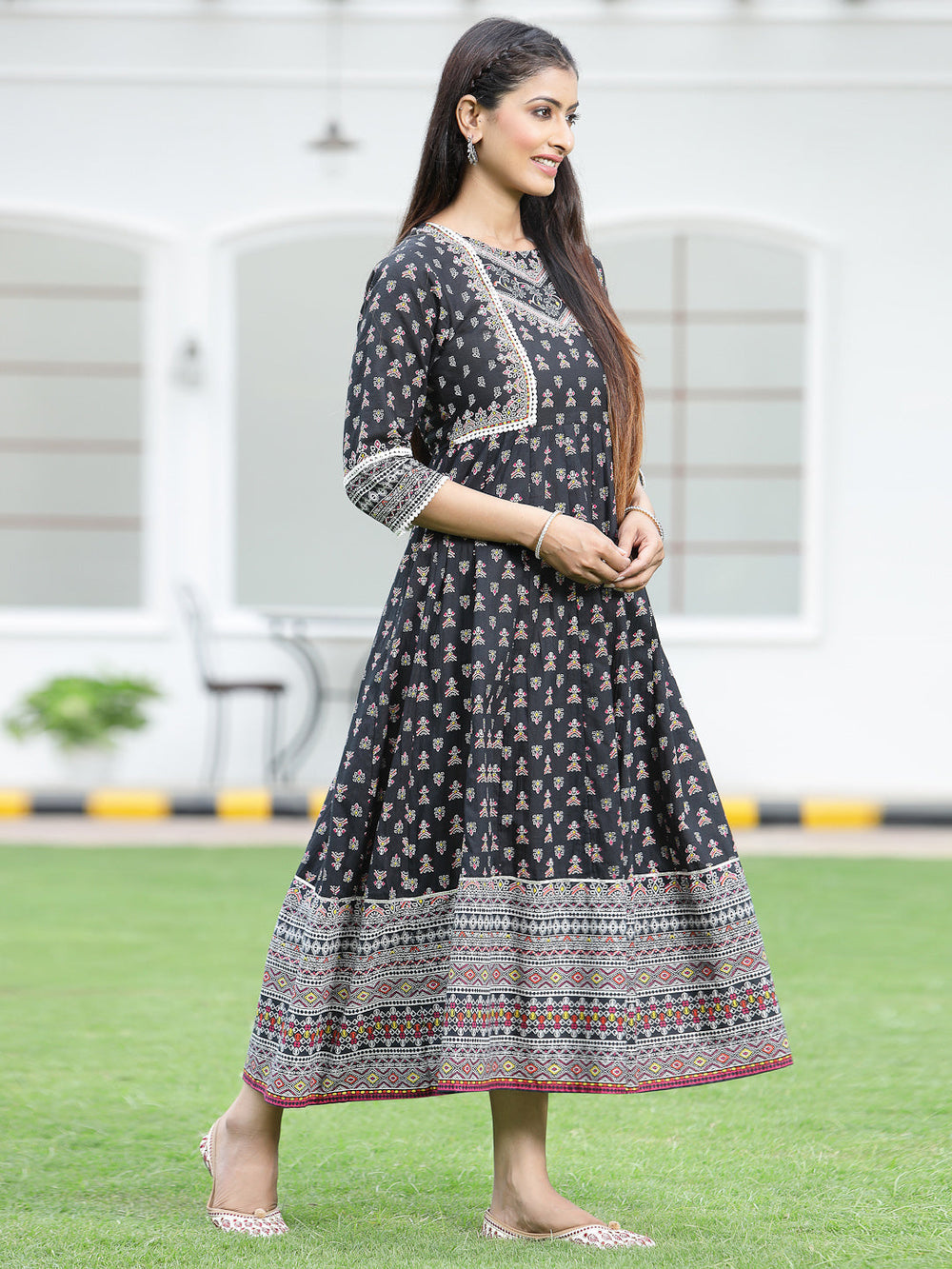 Juniper Women's Black Cambric Printed Anarkali Dress - Distacart