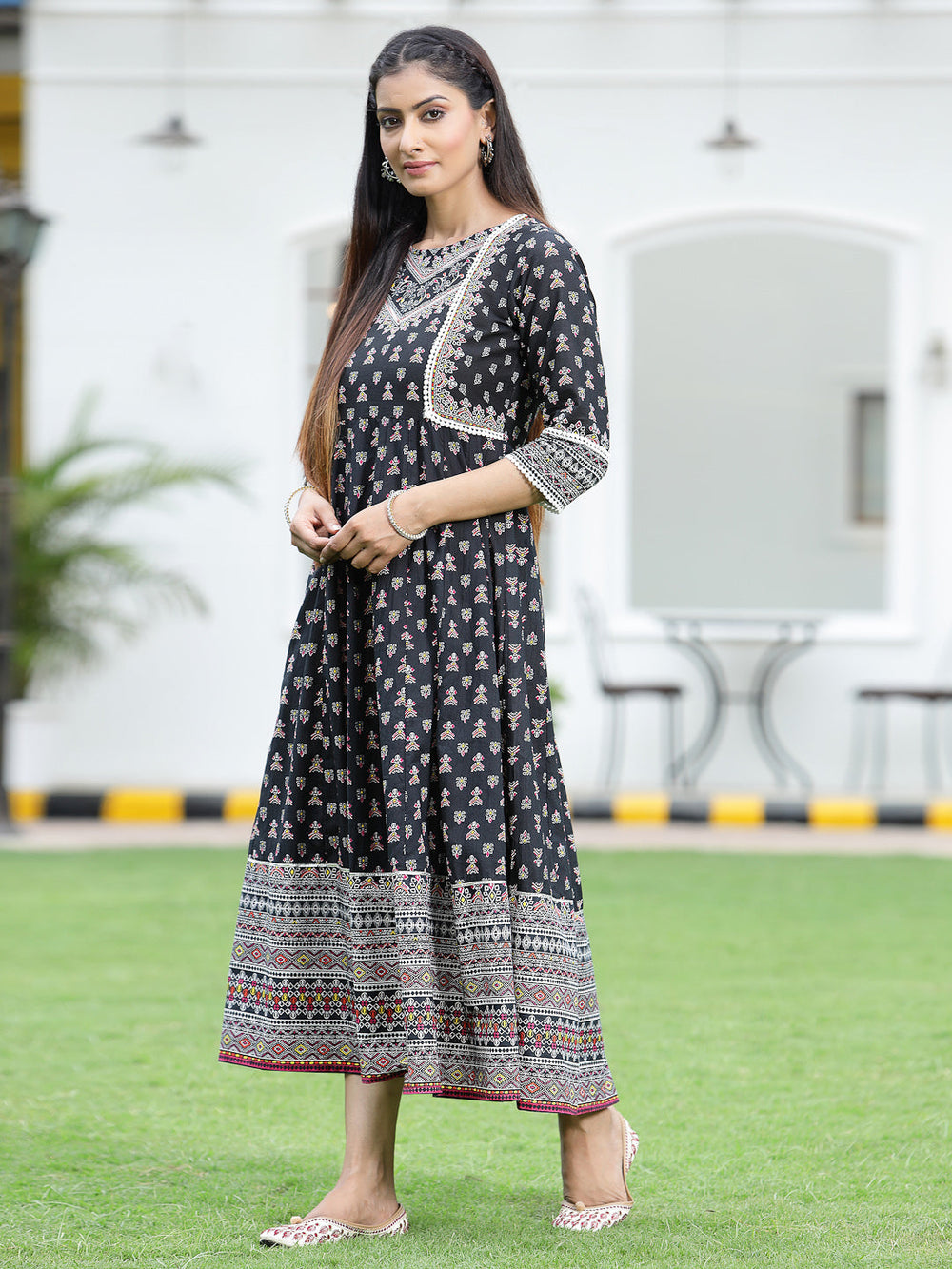 Juniper Women's Black Cambric Printed Anarkali Dress - Distacart