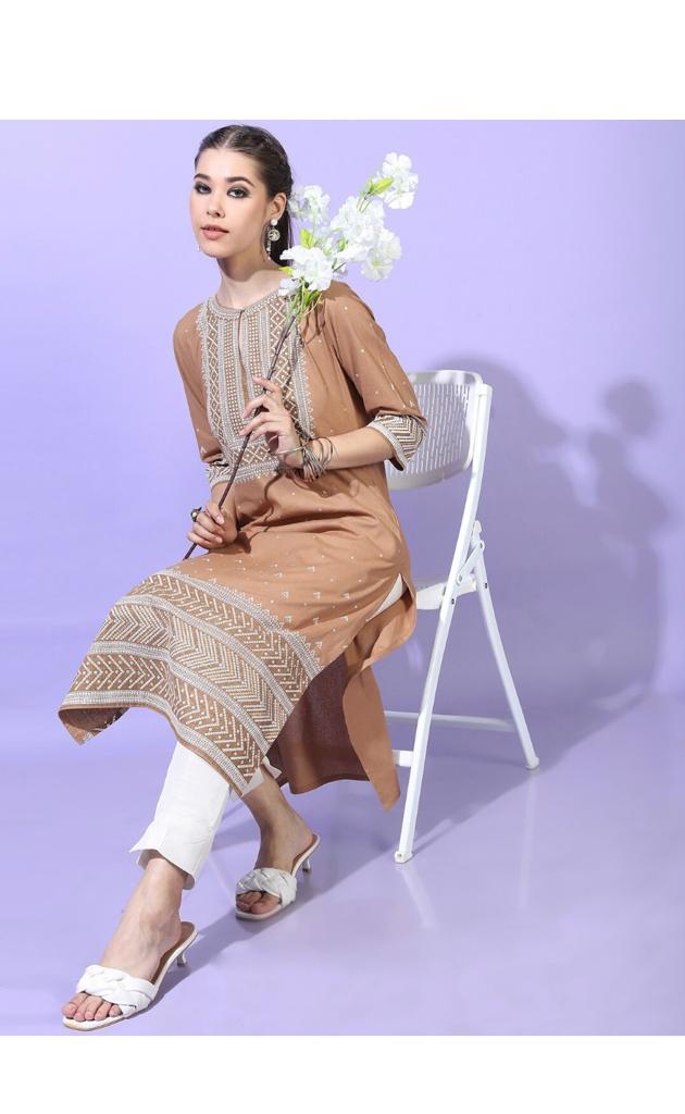 Maai Rayon Hand Printed Kurta Beige - Distacart