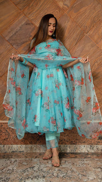 Thumbnail for Pomcha Jaipur Blue And Red Floral Organza Anarkali Set - Distacart