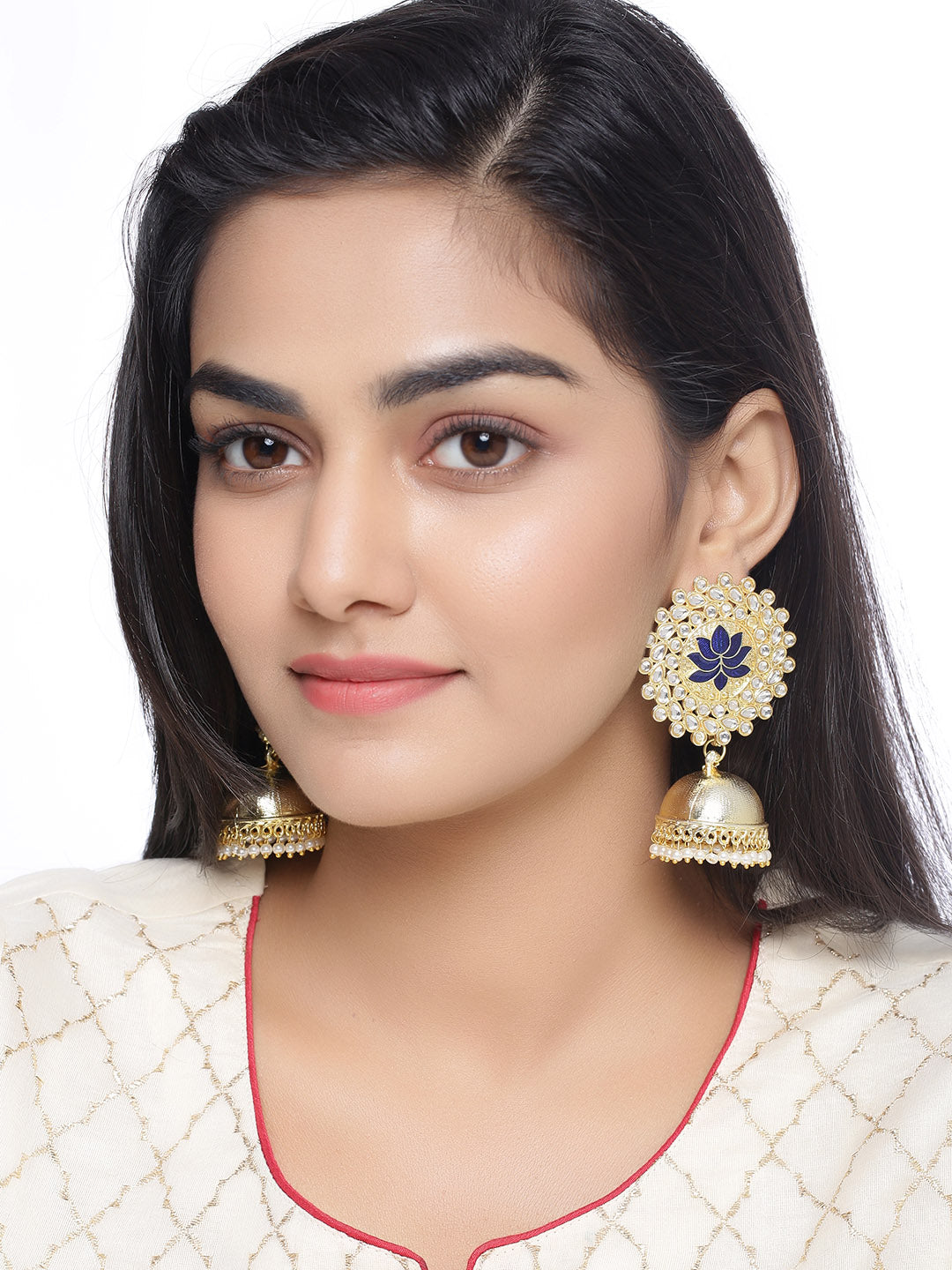 Shoshaa Gold-Plated Navy Blue Kundan-Studded Classic Jhumkas - Distacart