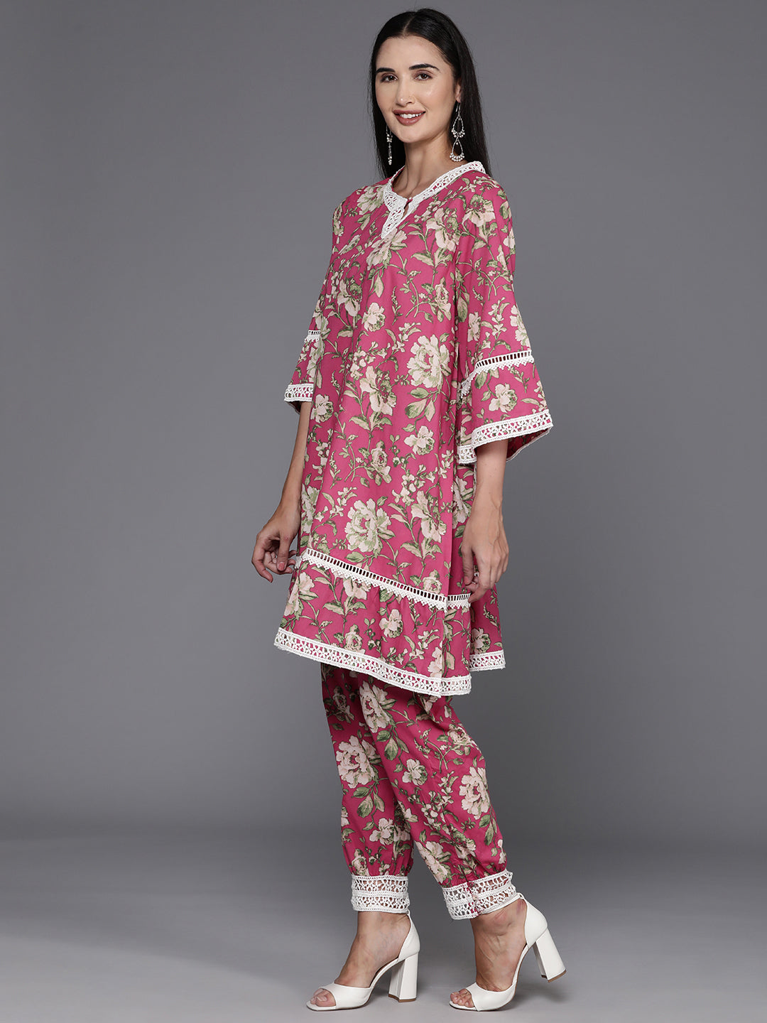 Biba Women Floral Printed Regular Pure Cotton Kurta with Trousers - Distacart
