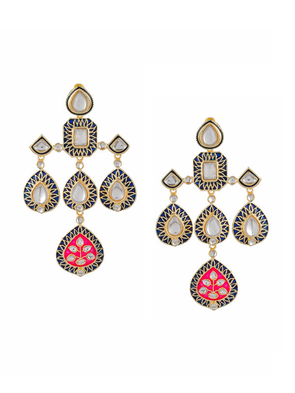 Shoshaa Gold-Plated Balck & Pink Kundan Enamel Drop Earrings - Distacart