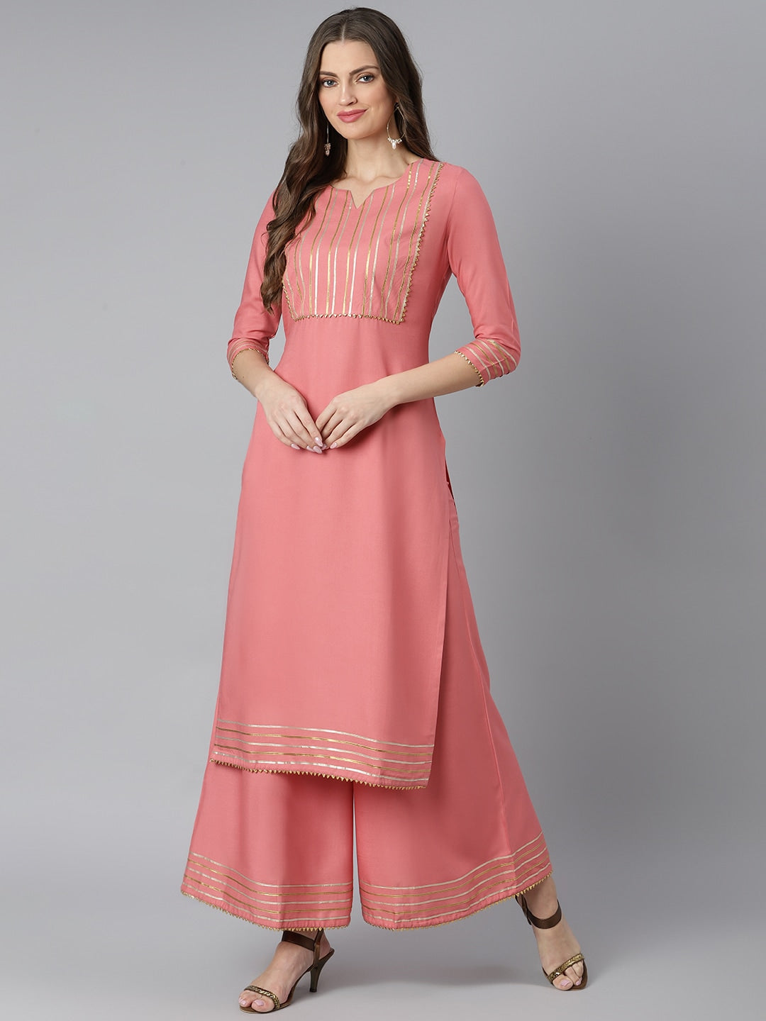 Khushal K Women Peach-Coloured Yoke Design Kurta with Palazzos - Distacart