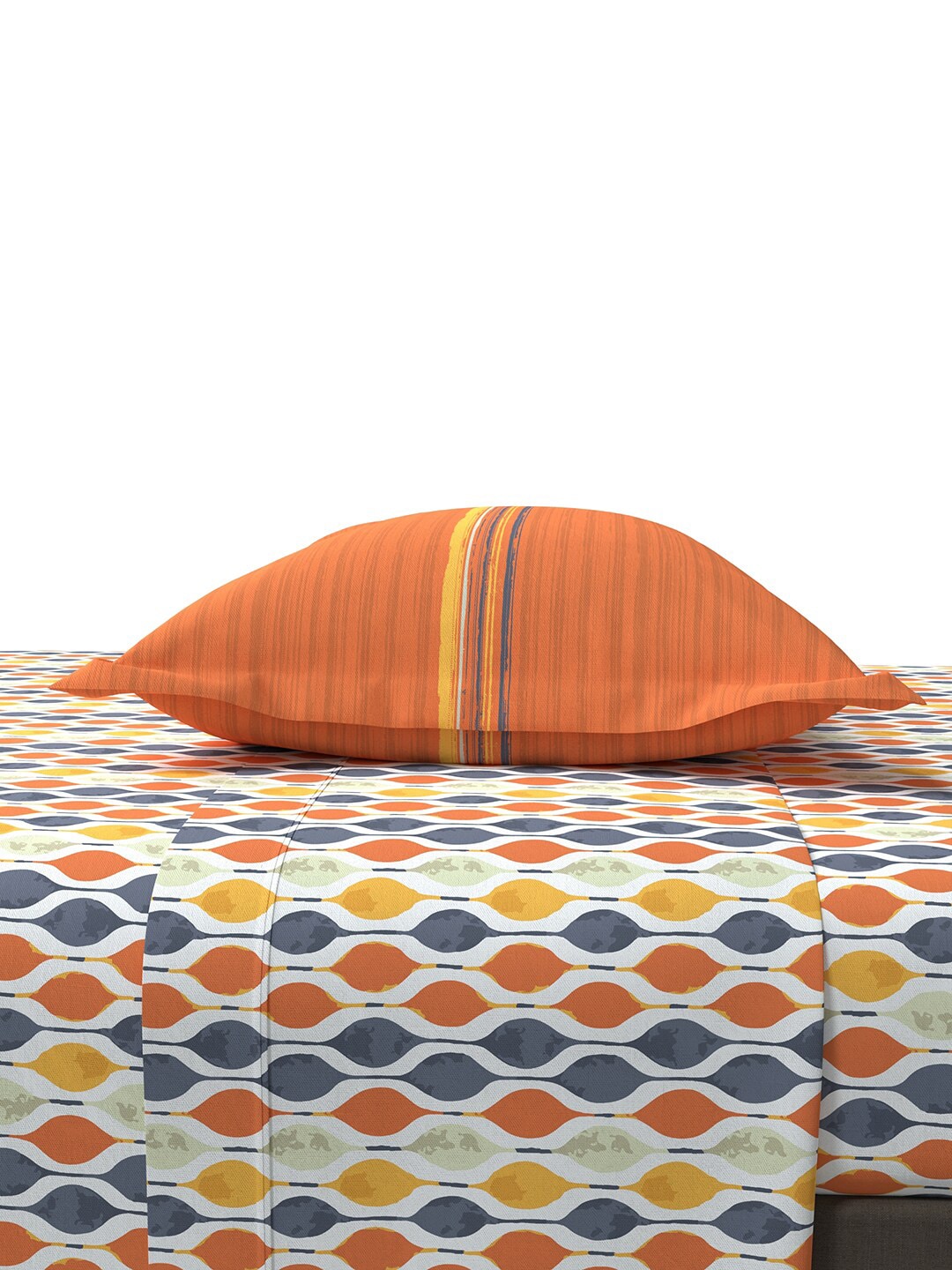 MYTRIDENT Orange White Geometric Cotton 144 TC Queen Bedsheet With 2 Pillow Covers - Distacart