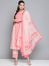 Thumbnail for HERE&NOW Women Pink Floral Printed Pure Cotton Kurta with Palazzos & With Dupatta - Distacart