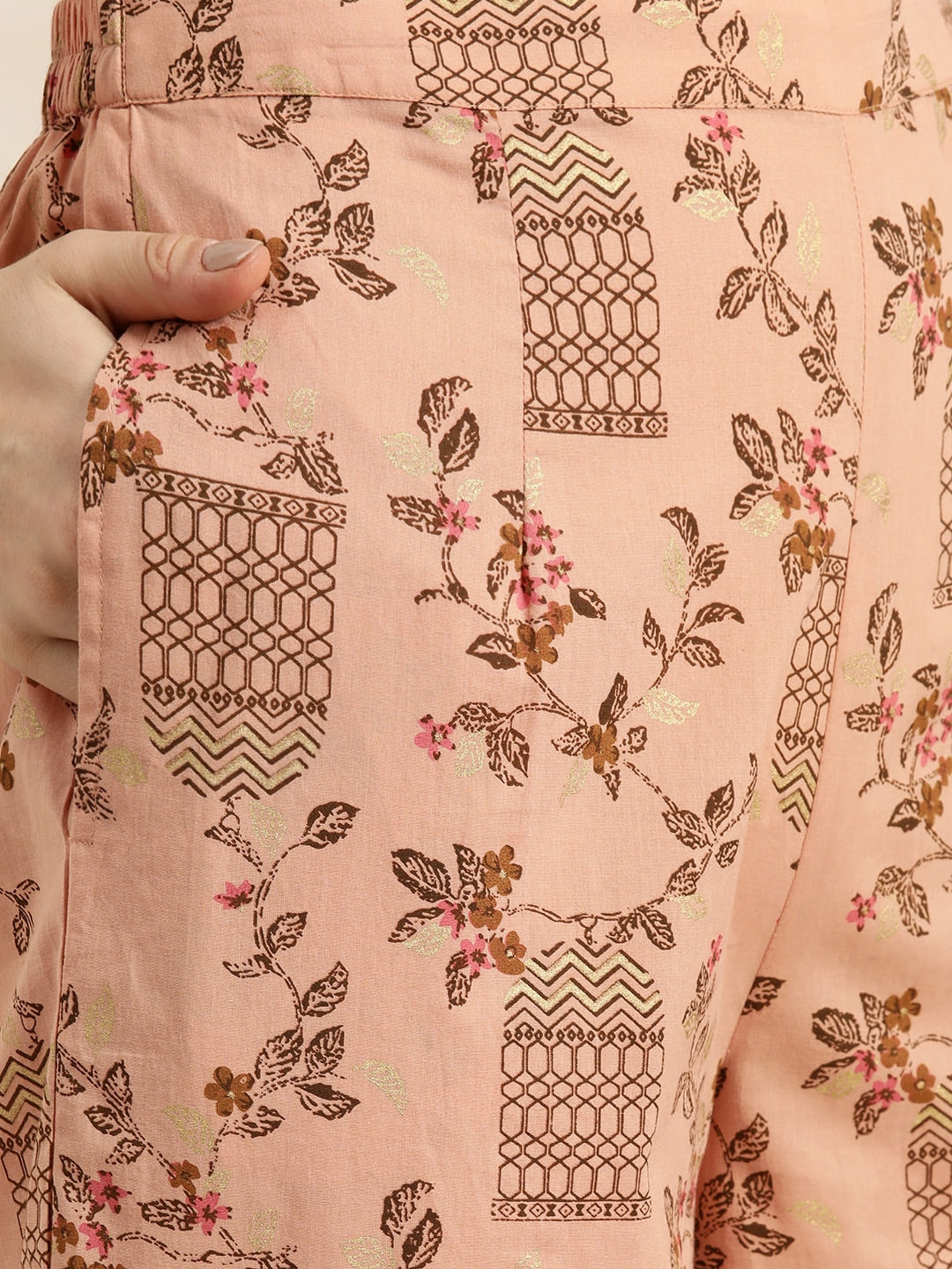 Sangria Women Dusty Pink & Brown Pure Cotton Printed Kurta with Palazzos & Dupatta - Distacart