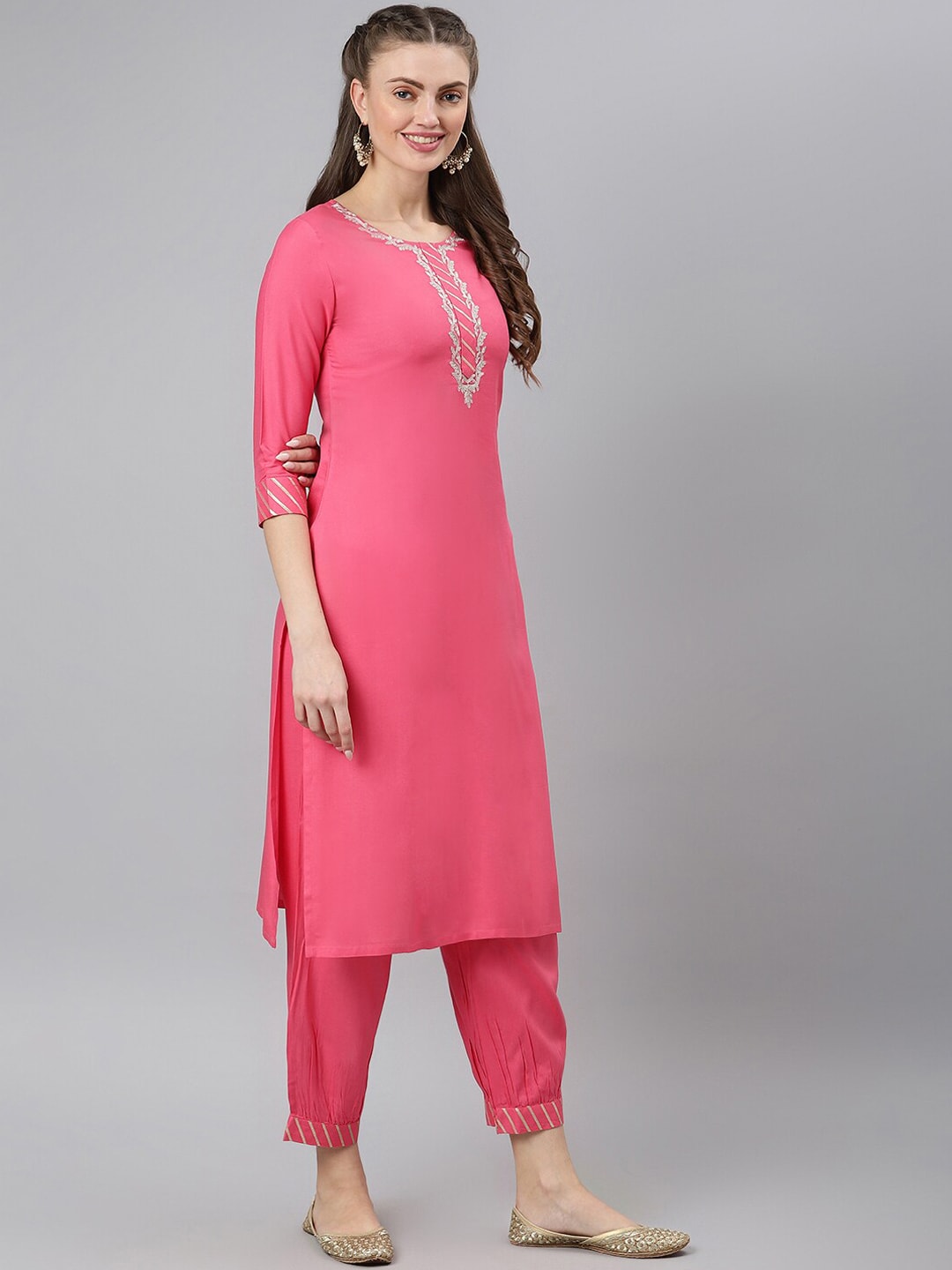 Khushal K Women Pink Yoke Design Kurti with Trouser & Dupatta - Distacart