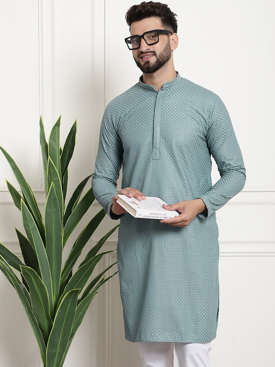 Sojanya Woven Design Mandarin Collar Straight Cotton Kurta - Distacart