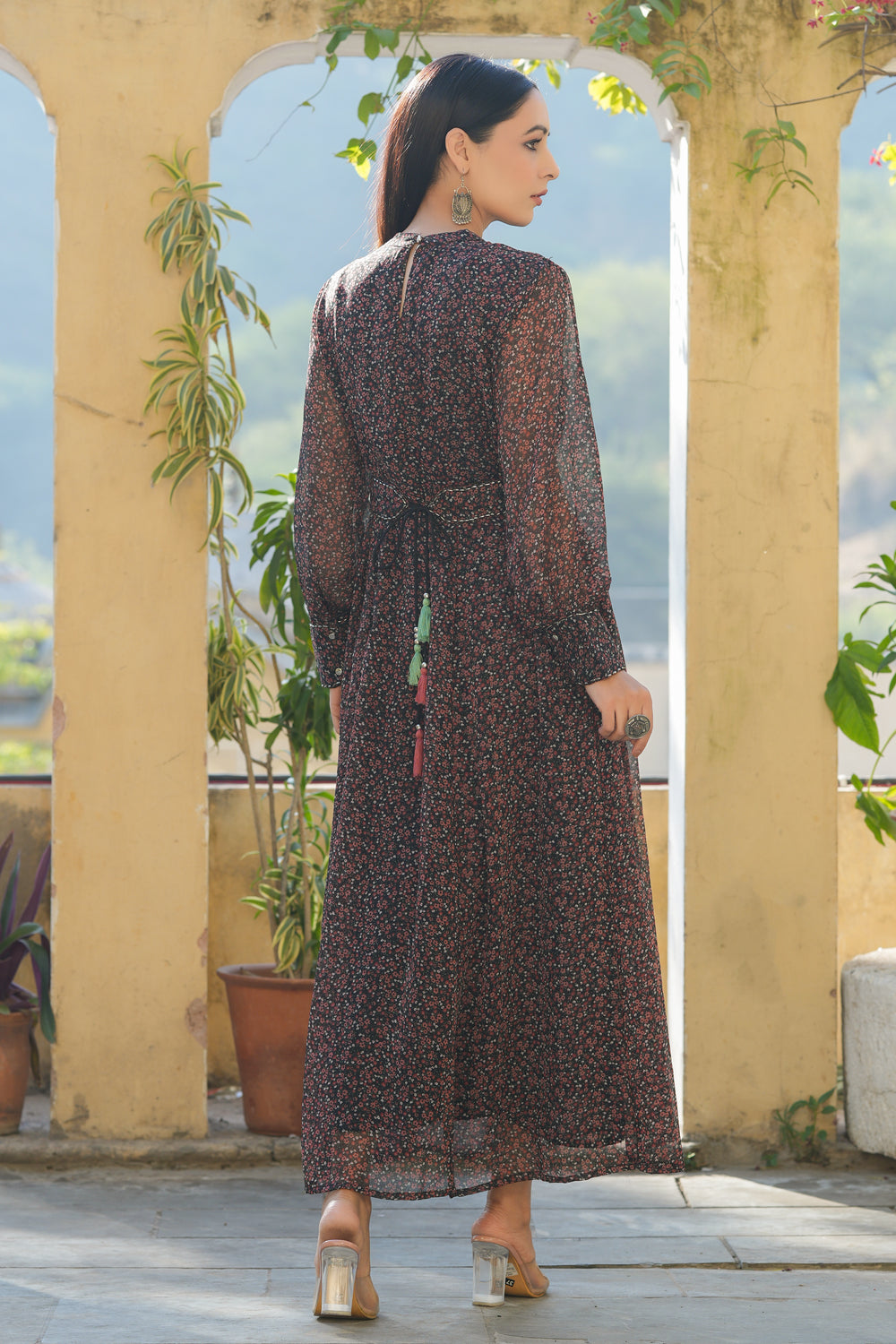 Juniper Women's Black Chiffon Printed Flared Dress - Distacart