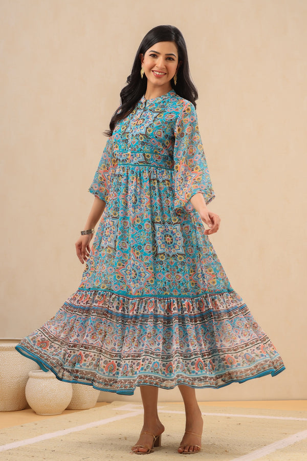 Juniper Womens Aqua Blue Chiffon Digital Printed Tiered Maxi Dress - Distacart