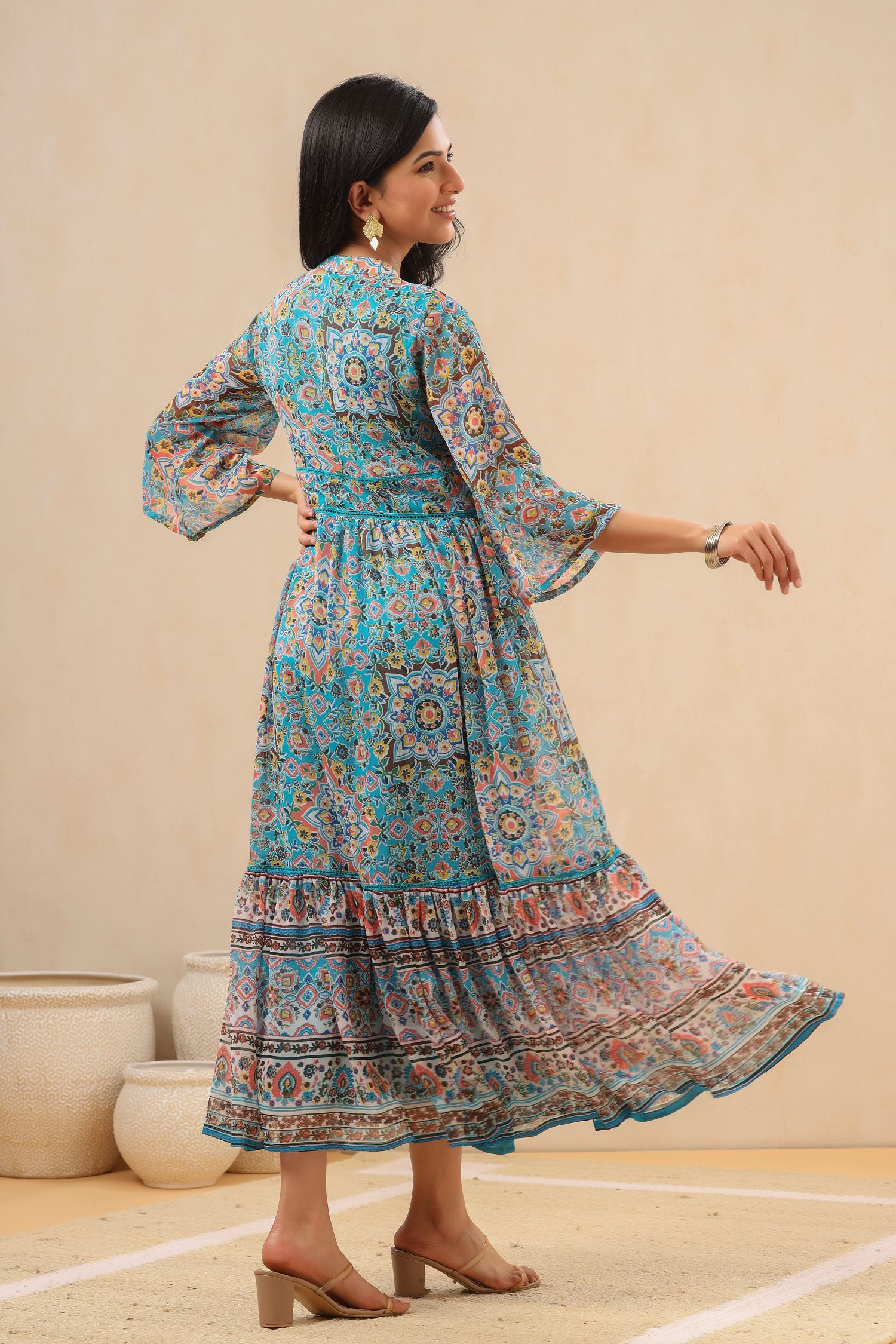 Juniper Womens Aqua Blue Chiffon Digital Printed Tiered Maxi Dress - Distacart