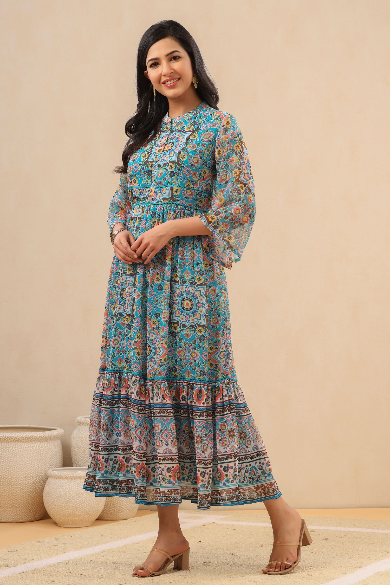 Juniper Womens Aqua Blue Chiffon Digital Printed Tiered Maxi Dress - Distacart