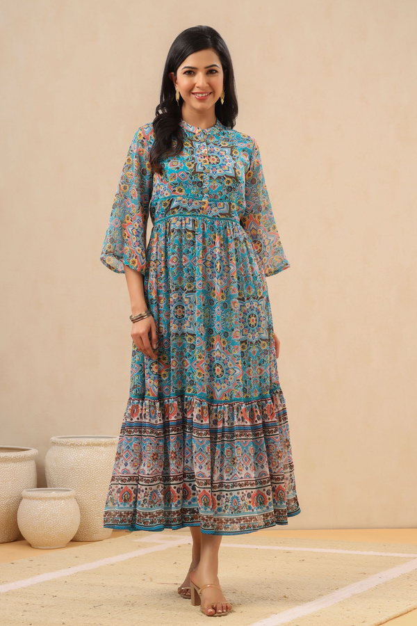 Juniper Womens Aqua Blue Chiffon Digital Printed Tiered Maxi Dress - Distacart