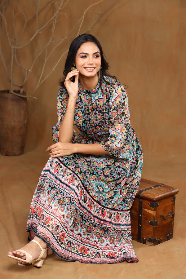 Juniper Women's Black Chiffon Printed Tiered Dress - Distacart