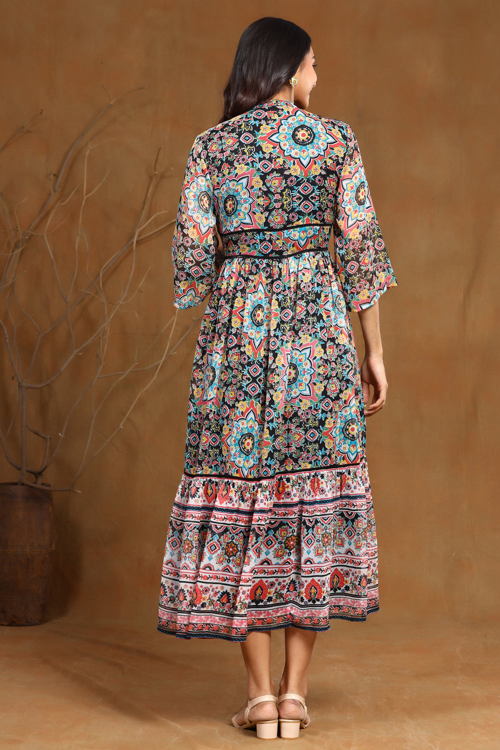 Juniper Women's Black Chiffon Printed Tiered Dress - Distacart