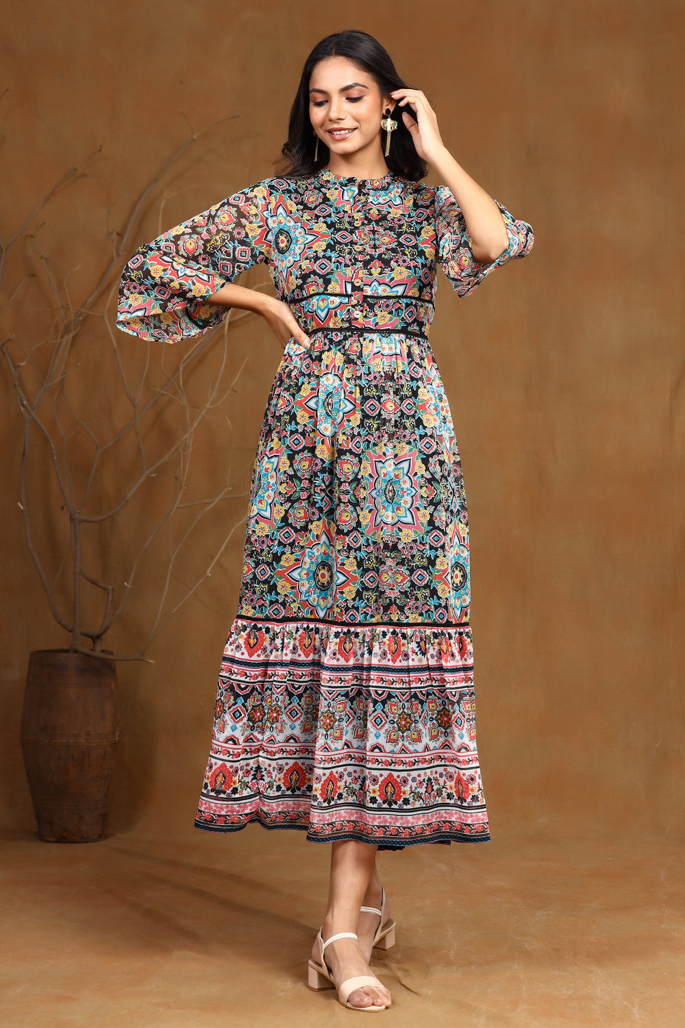 Juniper Women's Black Chiffon Printed Tiered Dress - Distacart