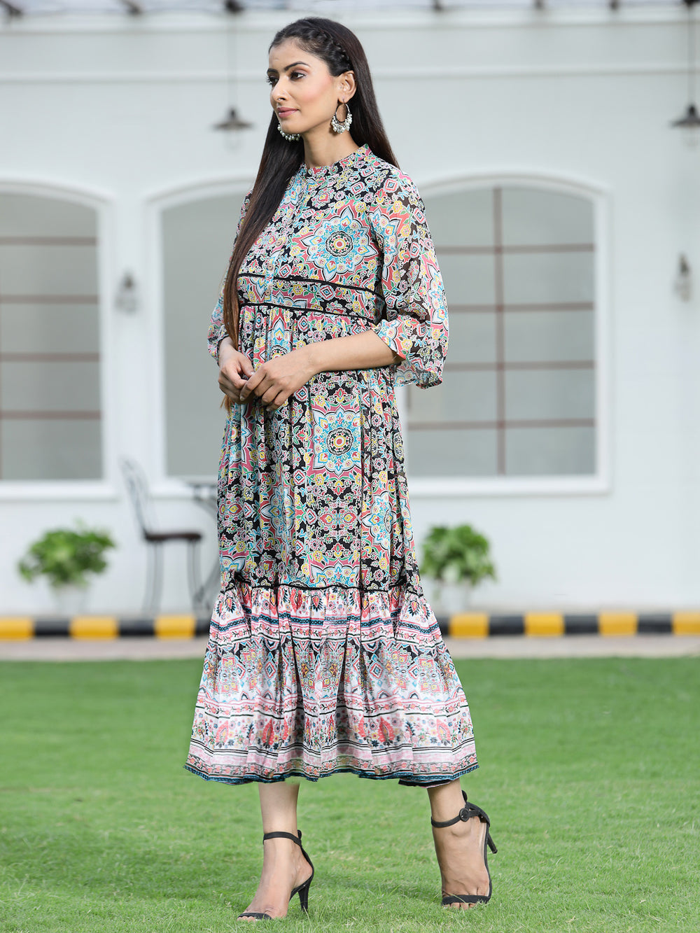 Juniper Women's Black Chiffon Printed Tiered Dress - Distacart