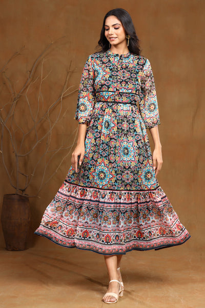 Juniper Women's Black Chiffon Printed Tiered Dress - Distacart