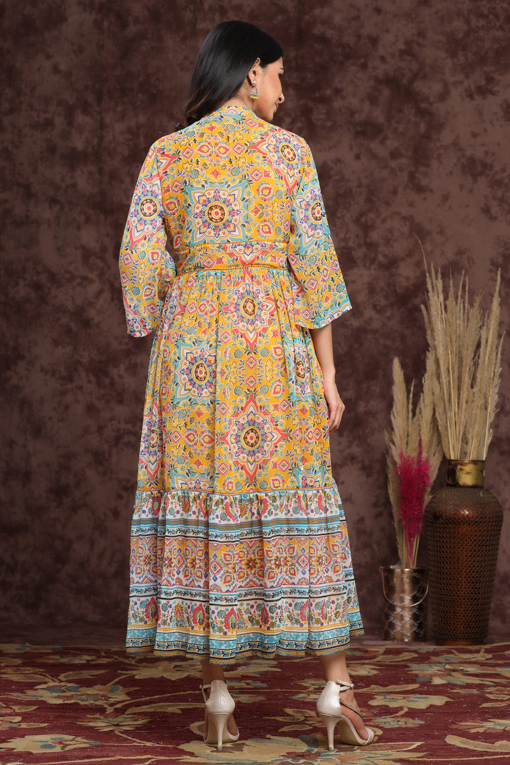 Juniper Women's Mustard Chiffon Printed Tiered Dress - Distacart