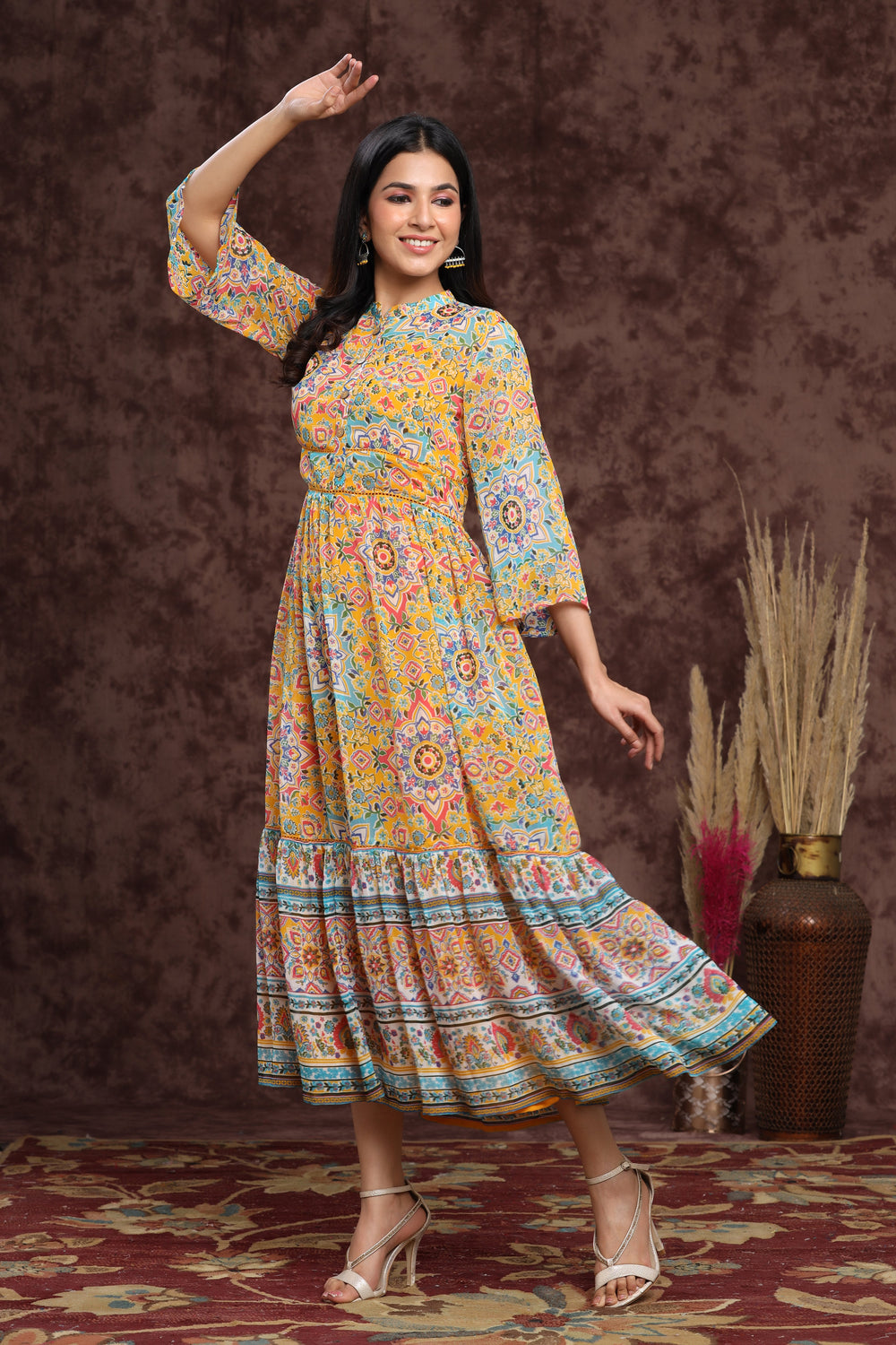 Juniper Women's Mustard Chiffon Printed Tiered Dress - Distacart