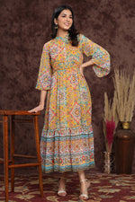 Thumbnail for Juniper Women's Mustard Chiffon Printed Tiered Dress - Distacart