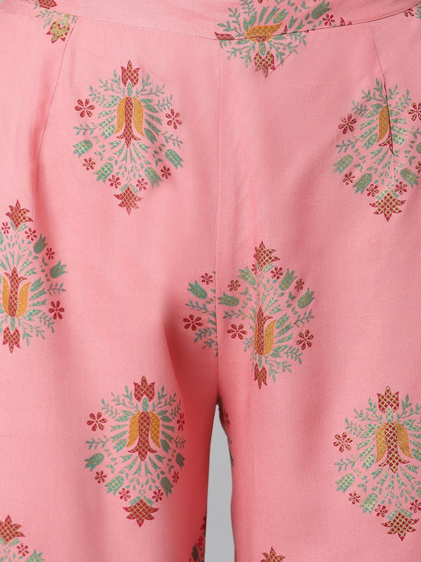 Khushal K Women Pink Printed Panelled Gotta Patti Kurti with Trousers - Distacart