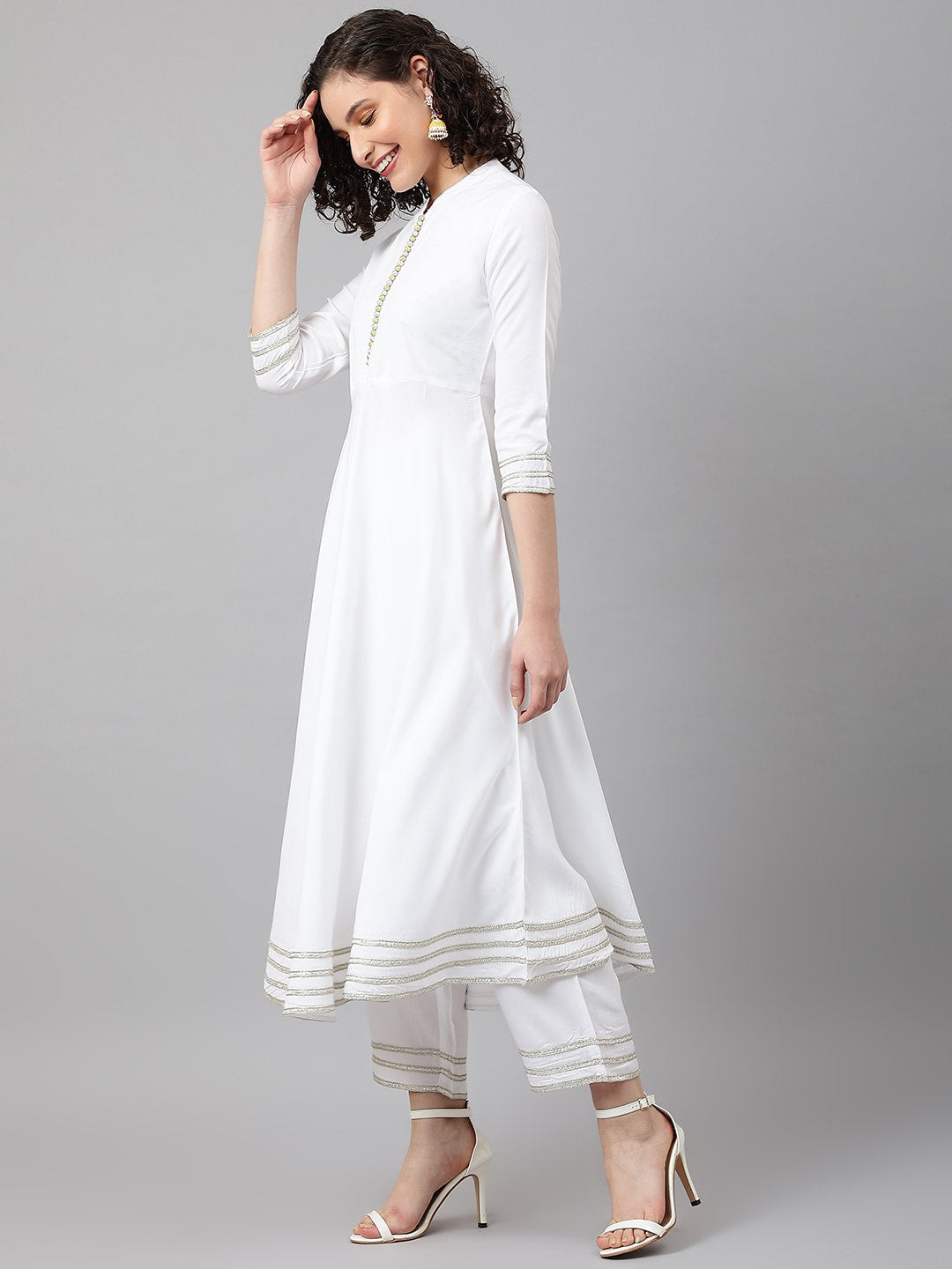 Khushal K Band Collar Gotta Patti Anarkali Kurta with Palazzos & Dupatta - Distacart