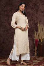 Thumbnail for Juniper Women's Ivory Rayon Jacquard Woven - Jacquard Straight Kurta - Distacart