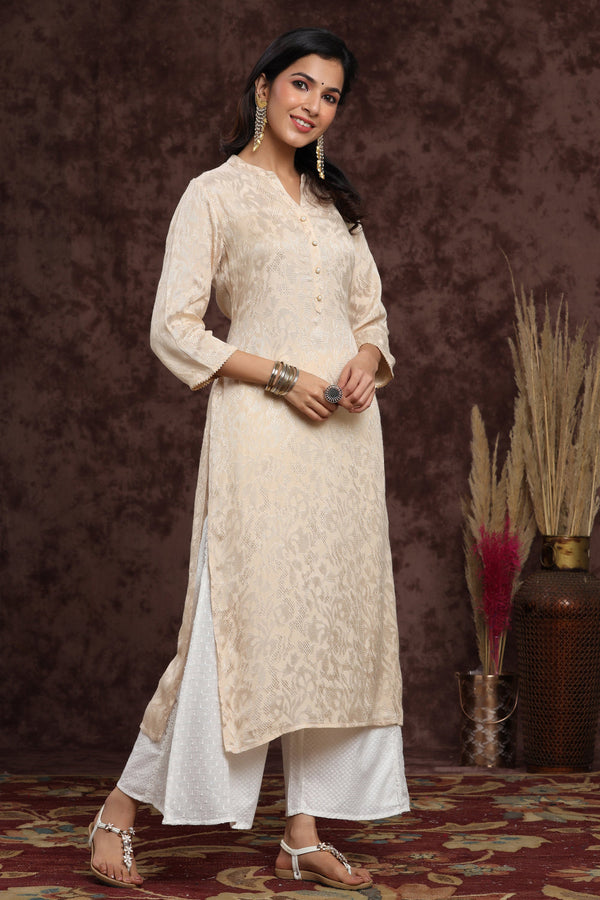 Juniper Women's Ivory Rayon Jacquard Woven - Jacquard Straight Kurta - Distacart