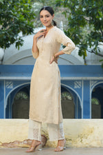 Thumbnail for Juniper Women's Ivory Rayon Jacquard Woven - Jacquard Straight Kurta - Distacart