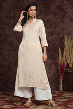 Thumbnail for Juniper Women's Ivory Rayon Jacquard Woven - Jacquard Straight Kurta - Distacart