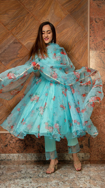 Pomcha Jaipur Blue And Red Floral Organza Anarkali Set - Distacart