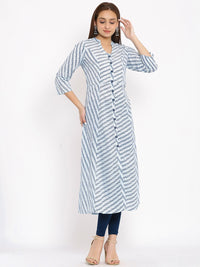 Thumbnail for HERE&NOW Blue & White Striped Mandarin Collar Kurta - Distacart