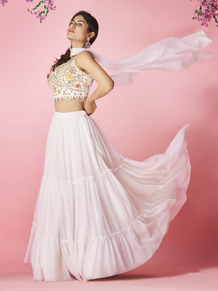 Myra White Georgette Designer Lehenga - Distacart