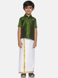 Thumbnail for Sethukrishna Olive Green & White Solid Shirt and Veshti For Boys - Distacart